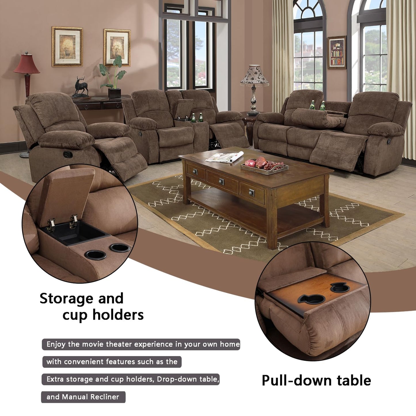 A Ainehome 3 Piece Set Corduroy Recliner Sofa Set with Storage, Modern, Taupe Brown, for Living Room/Office