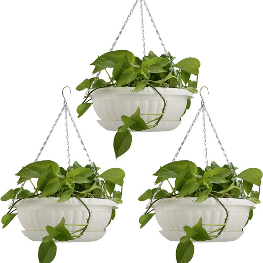summer flower 12.59" Large Hanging Planters with Drainage Hole&Tray, Hanging Flower Pots Plastic Plant Hanger Holders Hanging Basket for Indoor Outdoor Home Garden Herb Succulent (Pack 3)