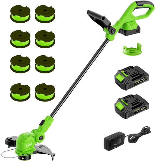 SUNCHERS 12-inch 20V Cordless String Trimmer with Charger, 2 X 2.0Ah Battery Powered Grass Mover with Auto Line Feed, 2 in 1 Lawn Edger with 8 Pcs Grass Cutter Spool Line and 2 Spool Cap, Green