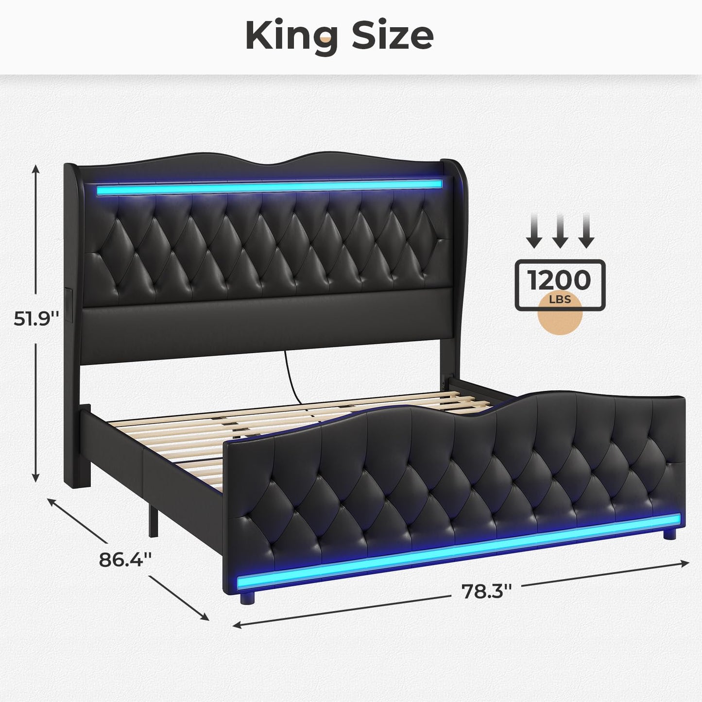 ADORNEVE King Bed Frame with Tall Wingback Headboard and LED Lights, Pu Leather Upholstered Platform Bed King with Headboard Storage, Charging Station, Solid Wood Slats, No Box Spring Needed, Black