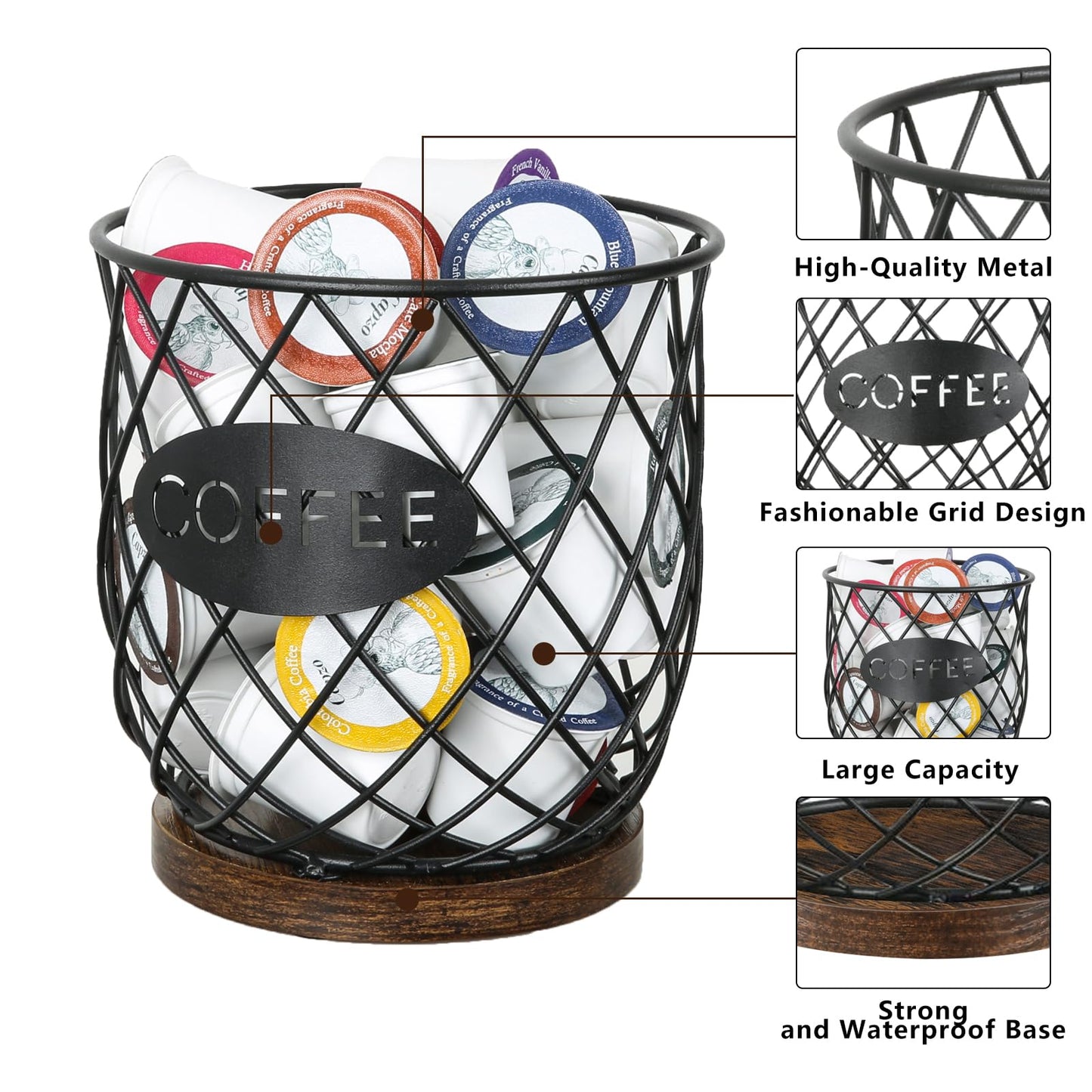 YINMIT K Cup Holder Organizer, Sturdy Coffee Pod Holder Organizer, 35 Kcup Large Capacity Storage Basket for Kitchen Counter and Office Desktop (Circular Grid)