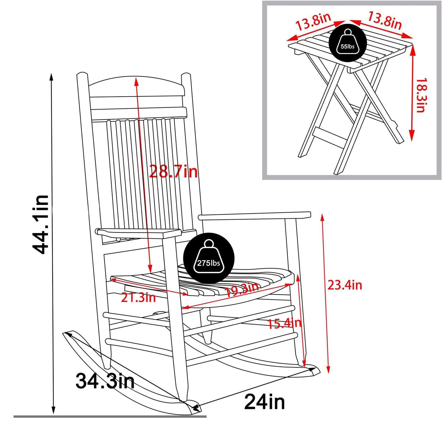 MUPATER Outdoor Rocking Chair Set 3-Piece Patio Wooden Rocker Bistro Set with Foldable Table and Curved Seat, White