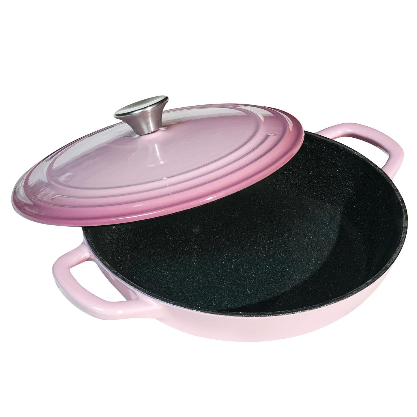 Flavehc Braiser Enameled Cast Iron Braiser 3 qt Braiser Pan with Lid Pink Shallow Cast Iron Casserole Braiser Pan with Handels