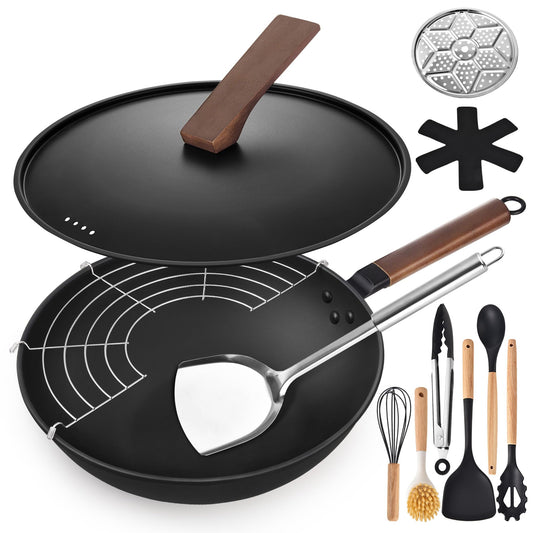 AOSION 13'' Carbon Steel Wok, 12 Piece Wok Pan & Stir-Fry Pans Set with Lid & Cookwares, No Chemical Coated Flat Bottom Chinese Wok Pan for Induction, Electric, Gas, Halogen, All Stoves