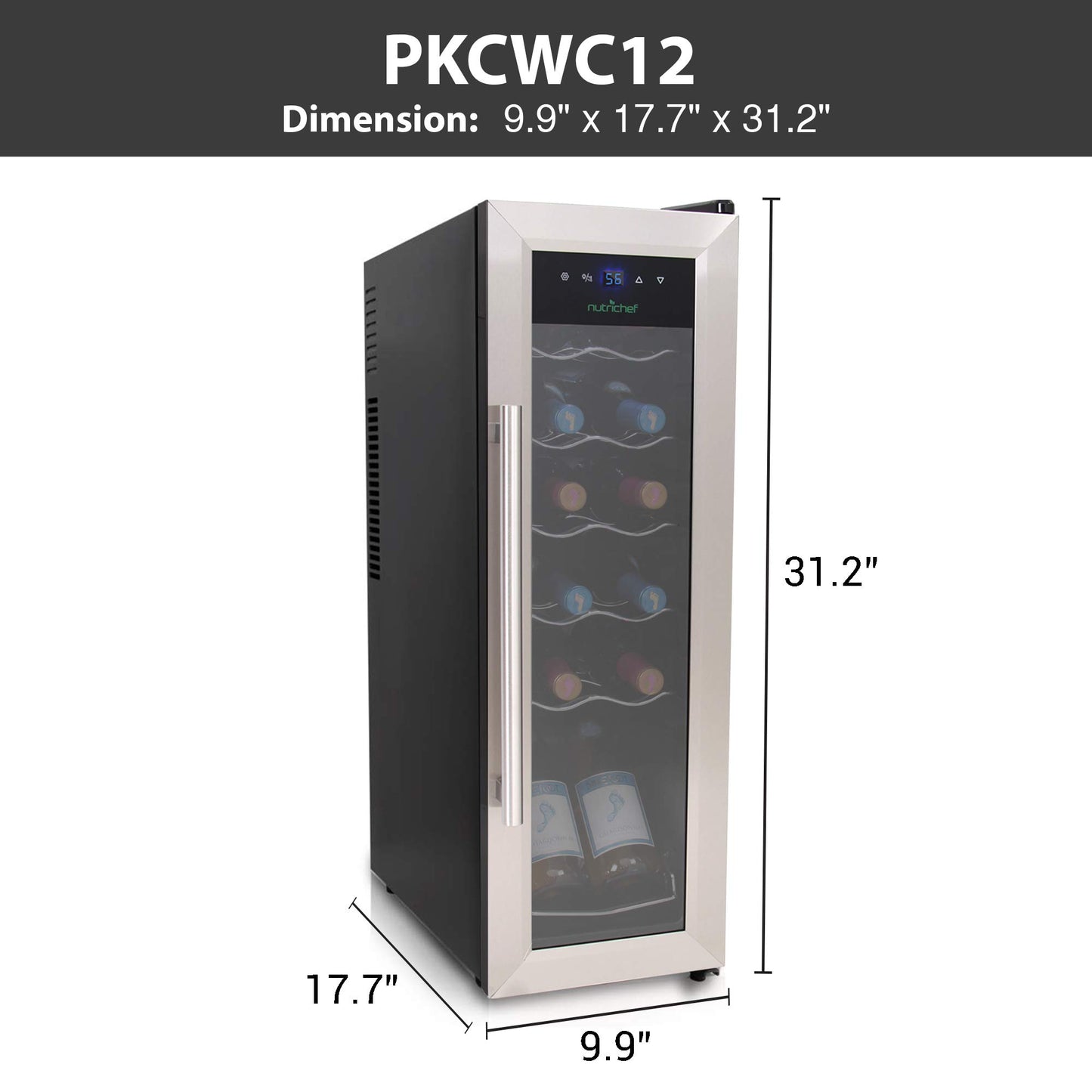 NutriChef PKCWC12 Cooler Refrigerator White And Red Countertop Chiller, Freestanding Compact Mini Wine Fridge with Digital Control, 12 Bottle-Stainless Steel