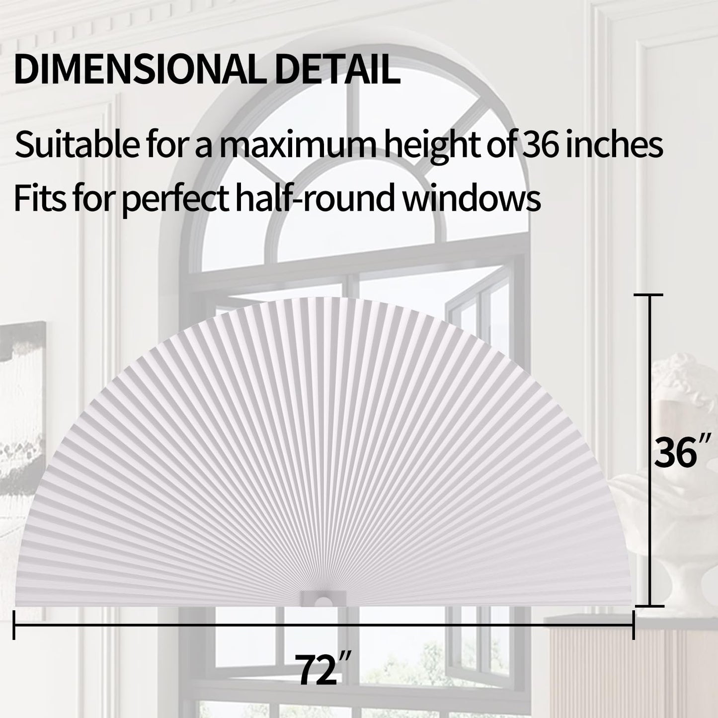 Myshade Arch Window Shades Half Circle Blackout Cellular Shades Cordless No Drill Blinds for Windows Half Moon Honeycomb Fabric No Tools Room Darkening Shades Easy Install (White 36" X 72")