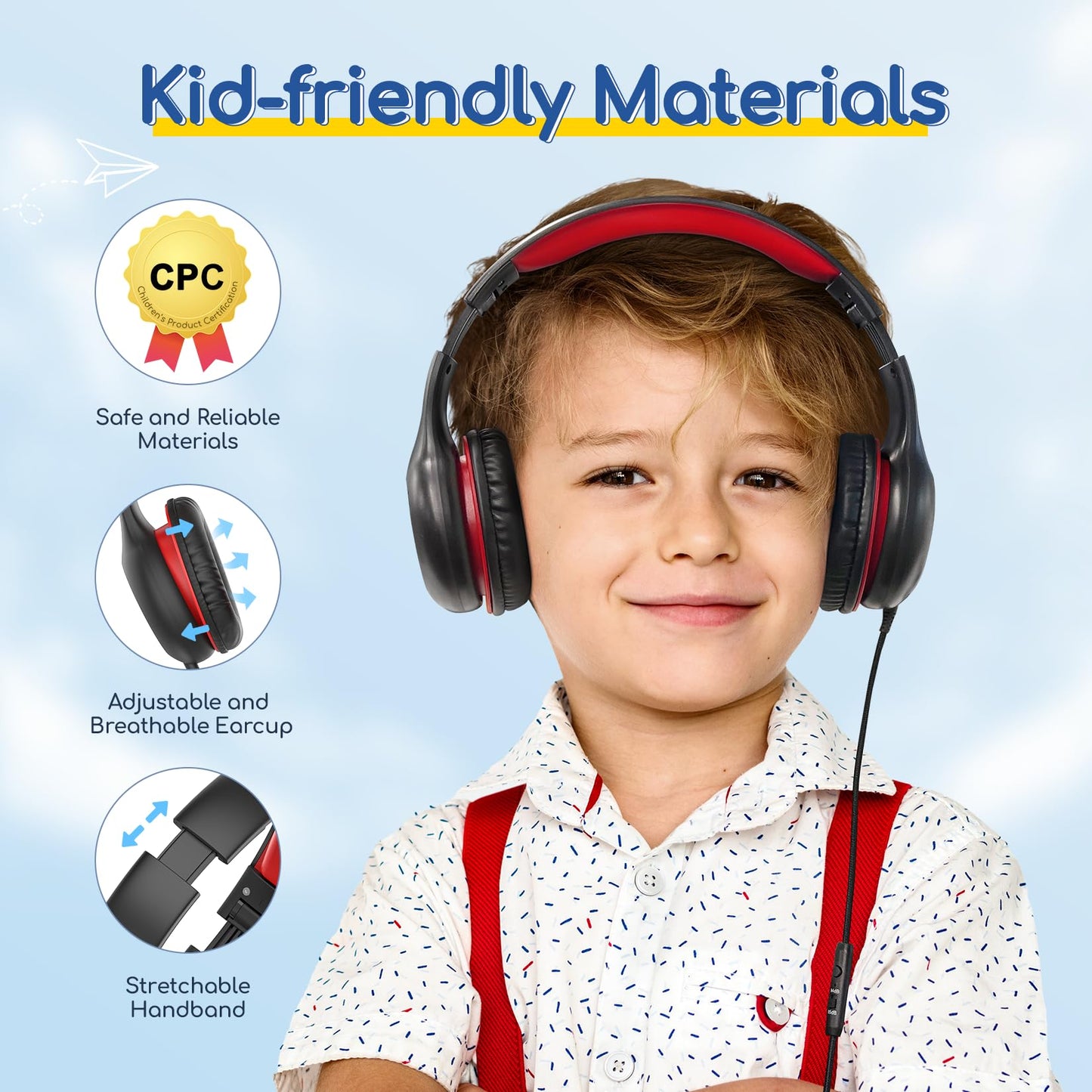 EarFun Kids Headphones Wired with Microphone, 85/94dB Volume Limit Portable Headphones for Kids with Shareport, Stereo Sound Foldable Headset for School/Tablet/iPad/Kindle, Black Red