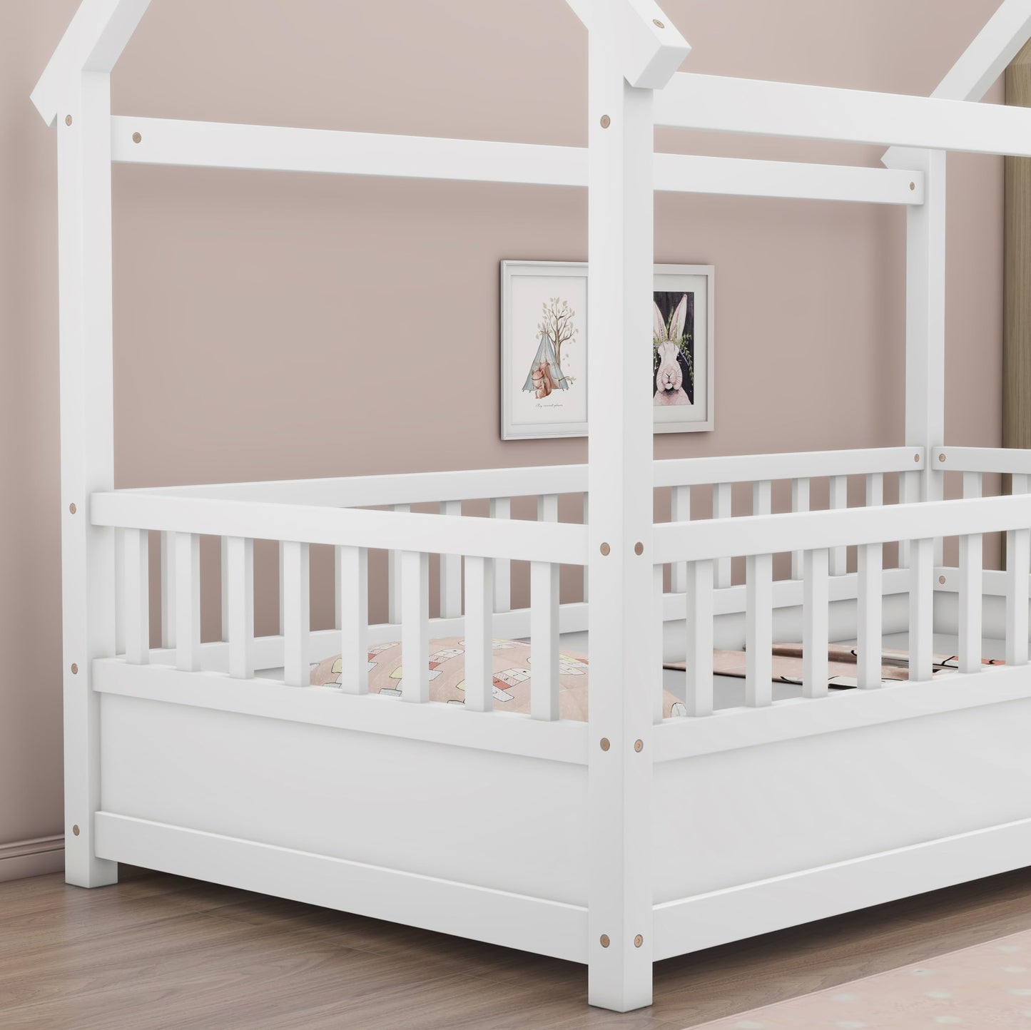 Montessori Floor Bed Twin Size, Twin Montessori Bed with Fence, Twin Size House Bed for Kids, Girls, Boys, Twin Floor Bed White