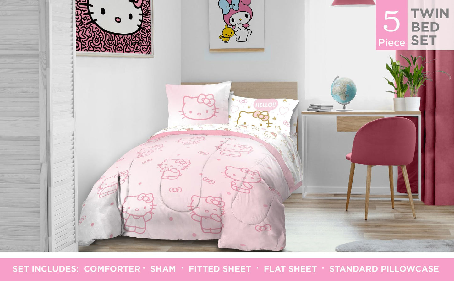 Jay Franco Hello Kitty Twin Comforter Set - 5 Piece Bedding Includes Sheet Set & Pillow Covers - Super Soft Pink Bedding