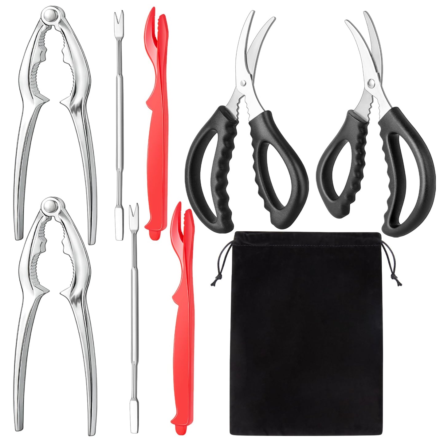 suoundey Seafood Cracker Tool Set With Lobster Sheller Stainless Steel Crab Crackers Crab Leg Fork Seafood Scissors And Storage Bag, Crab Leg Pick Utensils Set Crab Eating Tools (9Pcs)