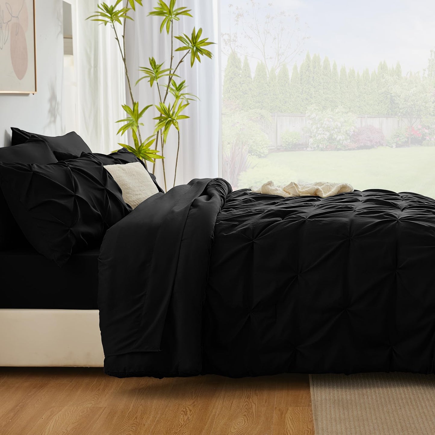 CozyLux Full Comforter Set - 7 Pieces Comforters Full Size Black, Pintuck Bed in A Bag Pinch Pleat Bedding Sets with All Season Comforter, Flat Sheet, Fitted Sheet and Pillowcases & Shams