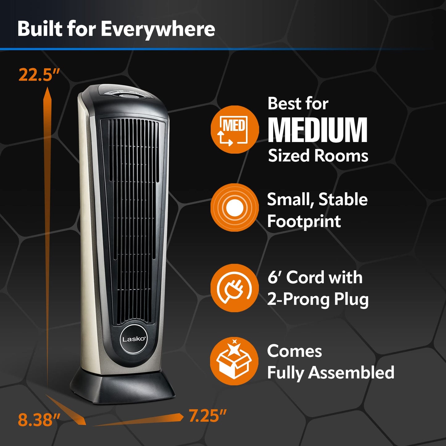 Lasko Oscillating Ceramic Tower Space Heater for Home with Adjustable Thermostat, Timer and Remote Control, 22.5 Inches, Grey/Black, 1500W, 751320