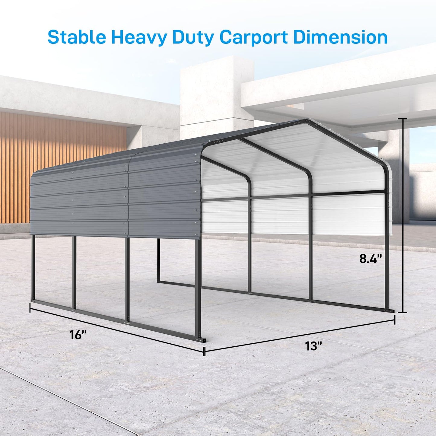 ACONEE 13' x 16' Carport, Metal Carport with Heavy Duty Galvanized Steel Roof & Frame, Outdoor Carport Canopy Car Garage Shelter with Sidewall Panel, Multi-use Storage Shed Car Port for Car, Grey