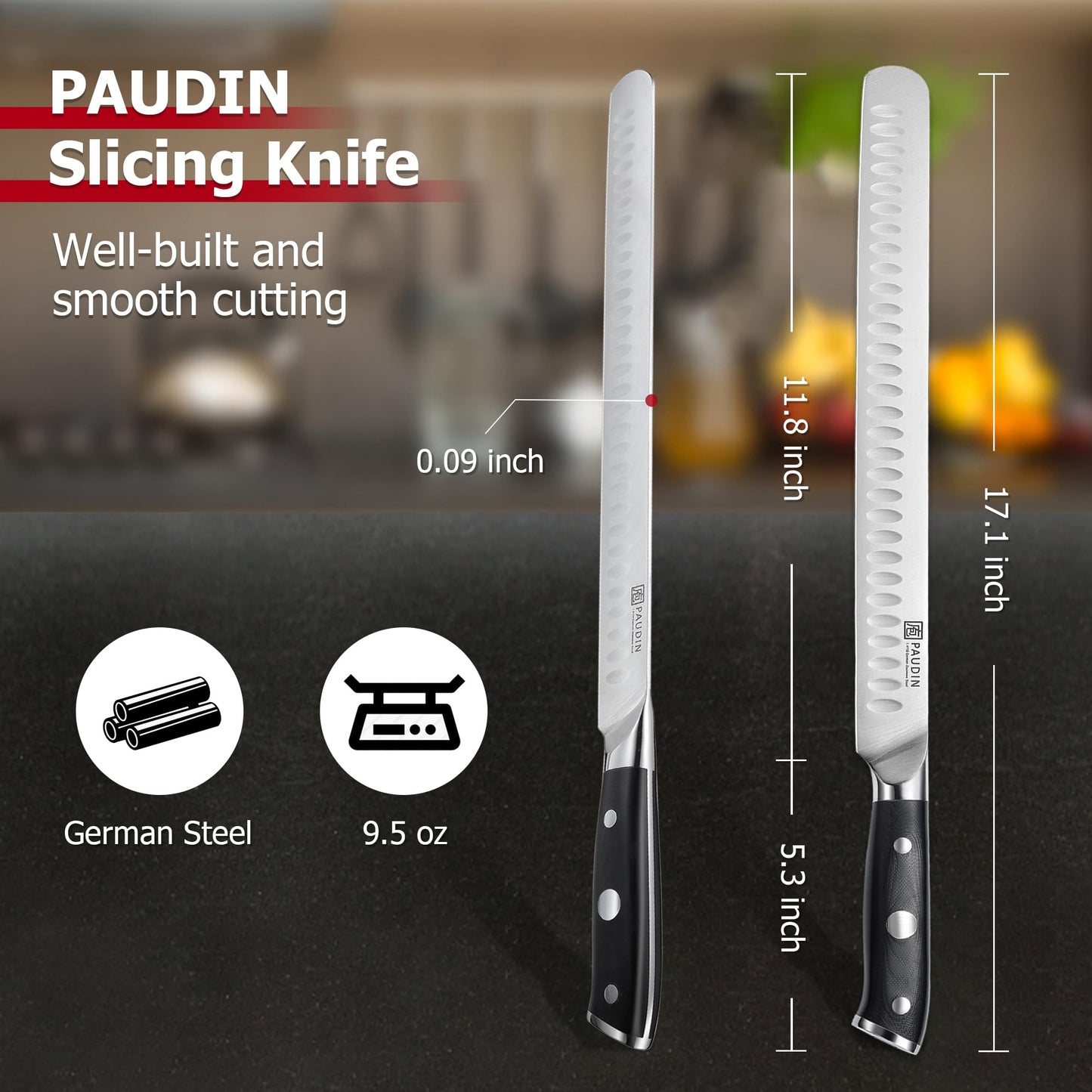 PAUDIN 12 Inch Carving Knife, Premium Slicing Knife with Granton Blade for Cutting Smoked Brisket, BBQ Meat, Turkey - Ergonomic G10 Handle