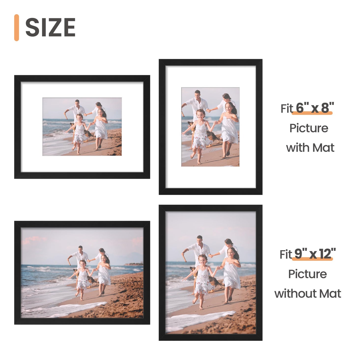 upsimples 9x12 Picture Frame, Display Pictures 6x8 with Mat or 9x12 Without Mat, Wall Hanging Photo Frame, Black, 1 Pack