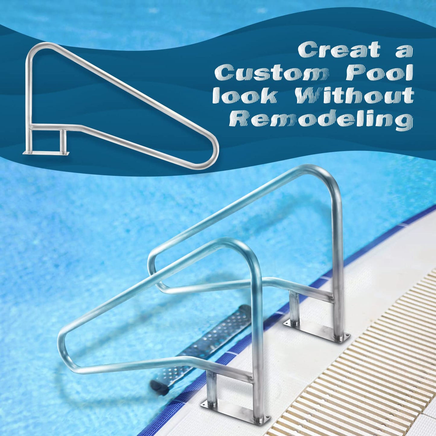 YOLENY Pool Handrail, 55"X32" 4-Bend Pool Stair Rail 1PC, 440lbs Load Capacity 304 Stainless Steel Pool Railing For Inground Swimming Pool With Blue Nylon Grip Cover Quick Mount Base Plate & Accessory