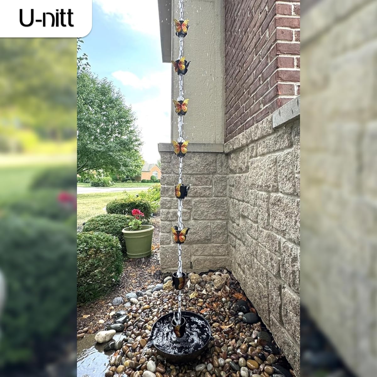 U-nitt Rain Chains for Gutters | Rainwater Catcher & Diverter | 8.5 FT Metal Black Rain Chain | Powder Coated, Farmhouse Bucket, Golden | Roof Gutter Chain Downspout | DIY Rain Chain Installation Kit