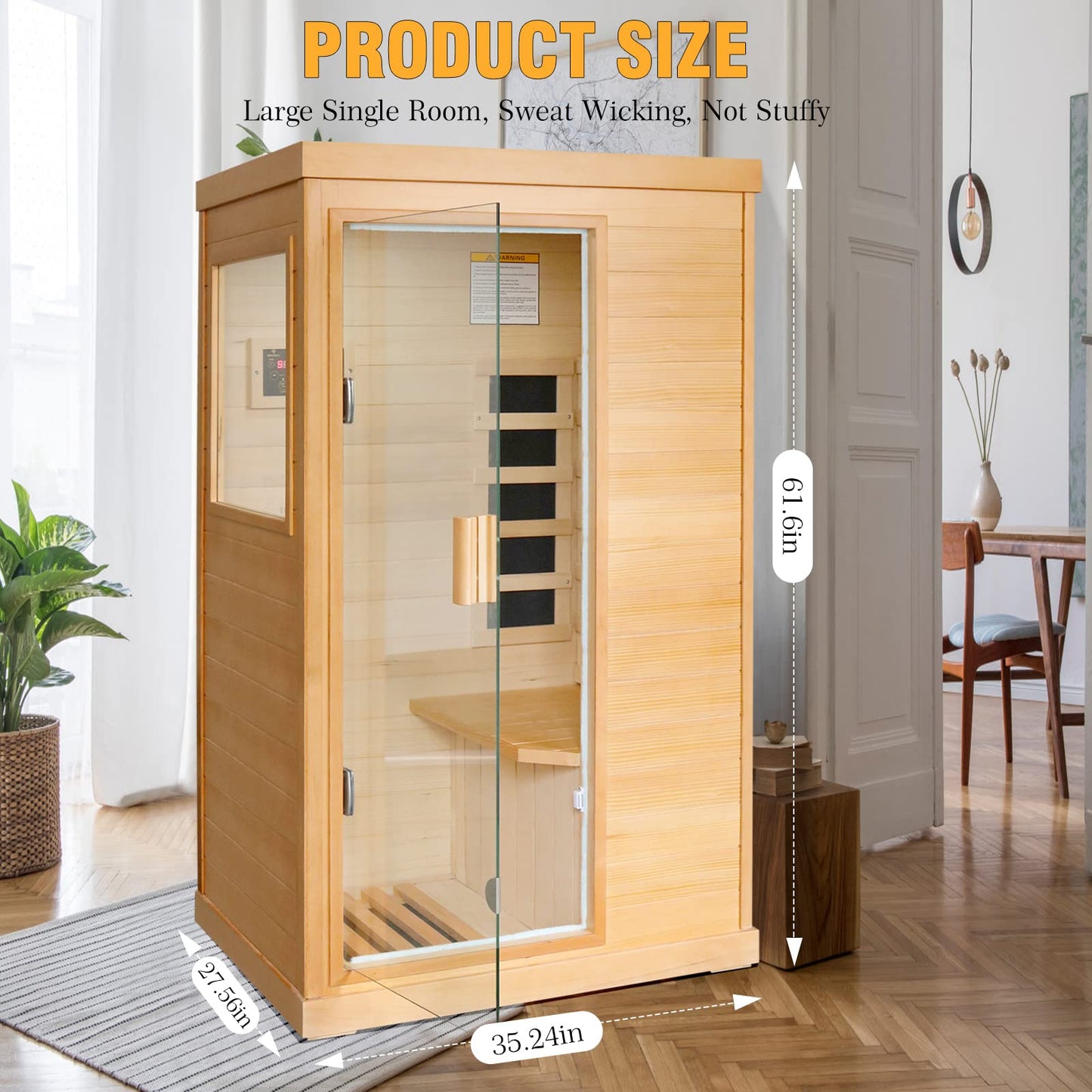 OUTEXER Far Infrared Sauna Home Sauna Spa Room Canadian Hemlock Wood 800W Indoor Saunas with Control Panel and Tempered Glass Door, Room:35.2 * 27.6 * 61.6Inch