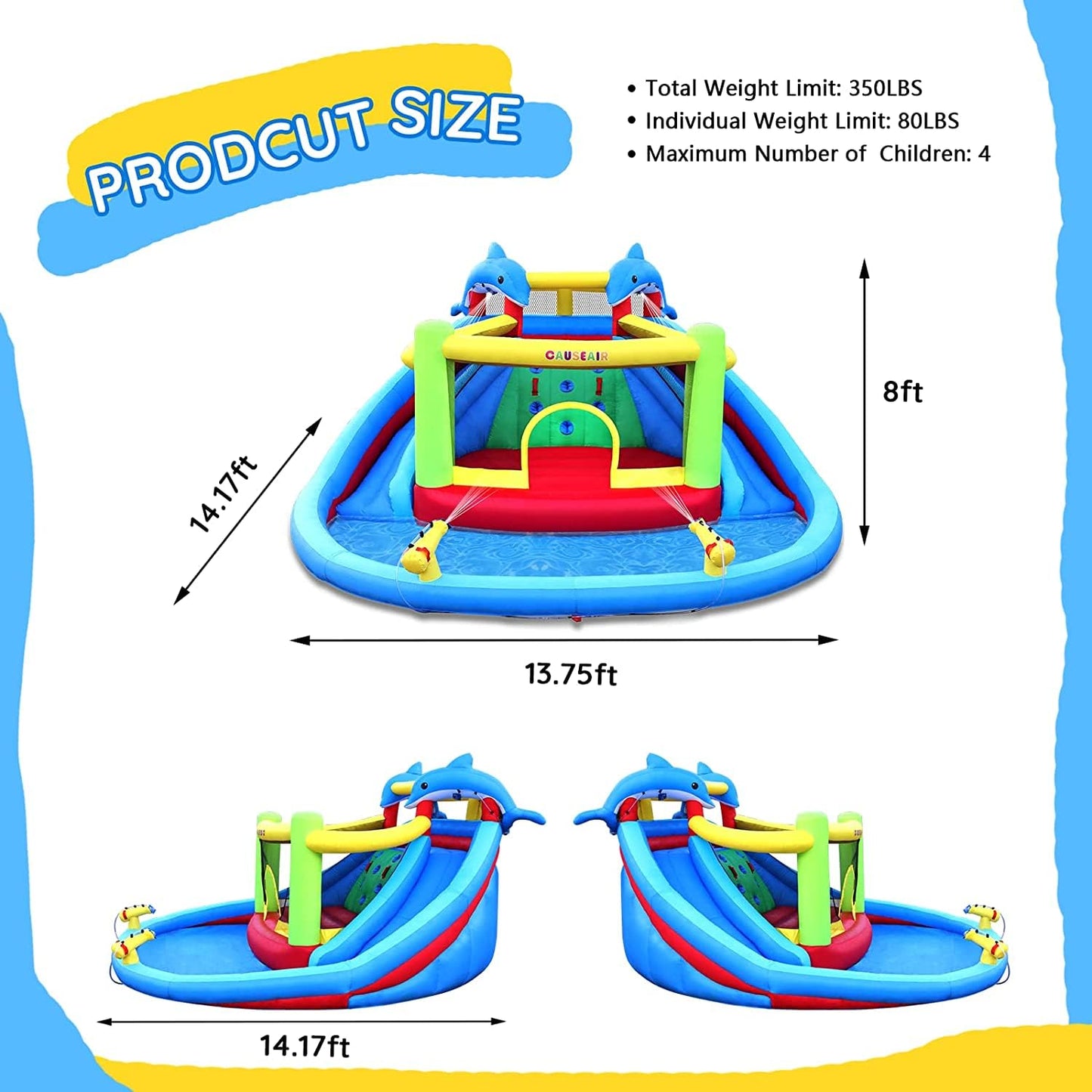 Causeair Inflatable Water Slide with Bounce House,Dolphin Styling,Splashing Pool,Double Water Cannon,Climbing Wall,Heavy Duty GFCI Blower,Inflatable Water Park for Kids Backyard Summer