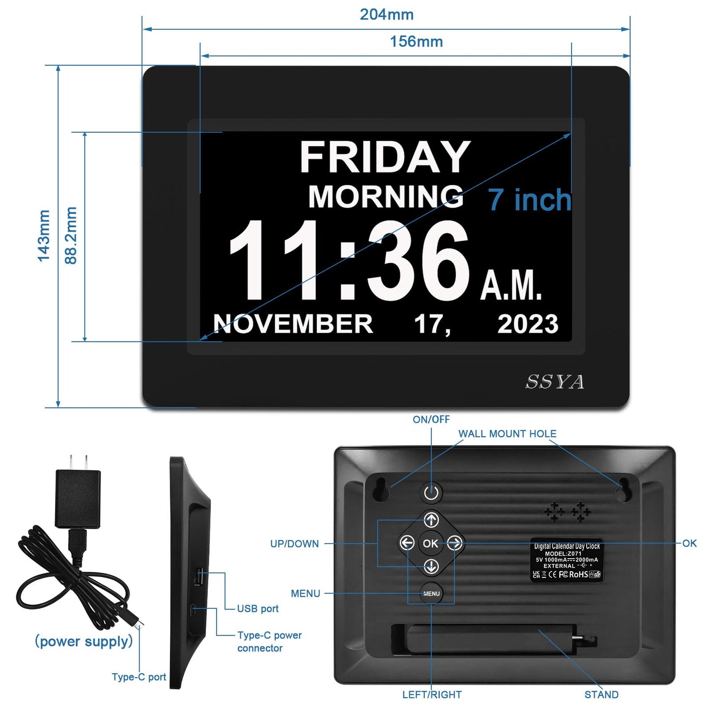 SSYA [Newest Version] 7 Inch Calendar Clock - 12 Alarm Options, Level 5 Auto Dimmable Display,Extra Large Impaired Vision Digital Clock with Non-Abbreviated Day & Month Alarm Clock (7 inch)