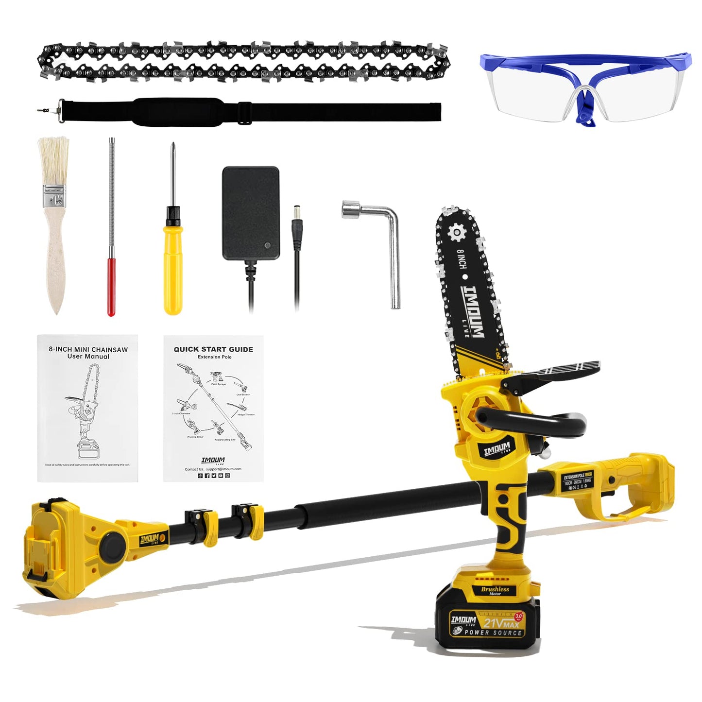 IMOULIVE 8" Cordless Pole Saw & Mini Chainsaw, 21V 3Ah Li-ion Battery, 15.2' Max - For Wood Cutting & Trimming