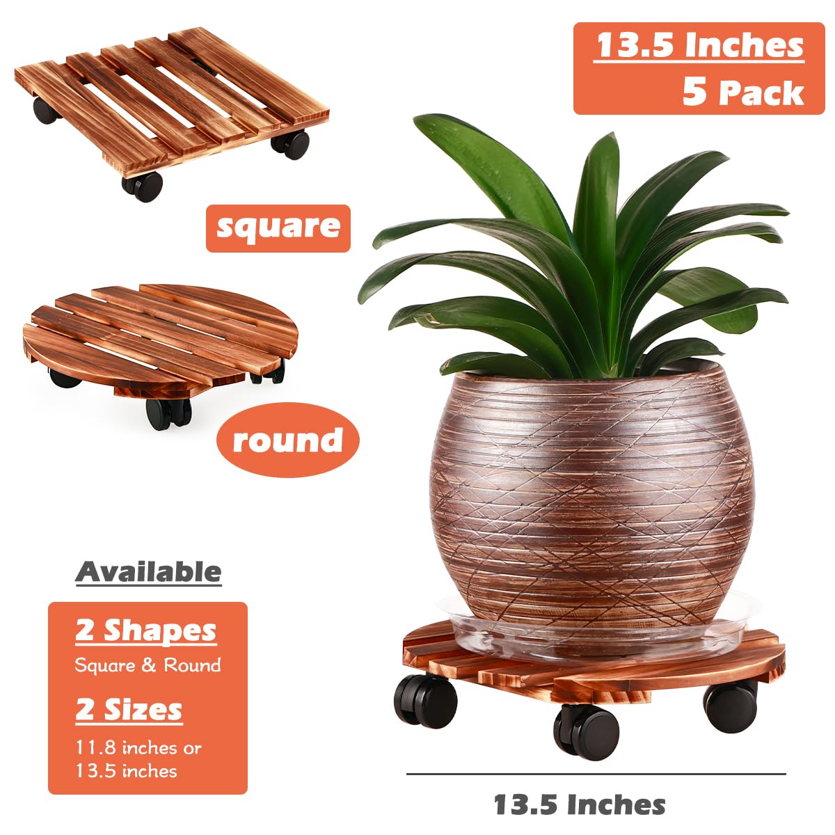 3 Pack Plant Caddy with Wheels Heavy Duty 13.5 Inch Wooden Plant Stand with Wheels Plant Dolly Rolling Plant Stand Plant Roller with Casters for Indoor and Outdoor with 3 Pack Plant Saucers, Round