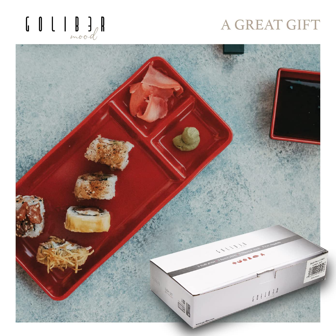 Goliber 8 Piece Japanese Style Sushi Plate Dinnerware Set - Includes 2 Sushi Plates, 2 Sauce Dishes, 2 Pairs of Chopsticks, 2 Chopsticks Holders (Red)