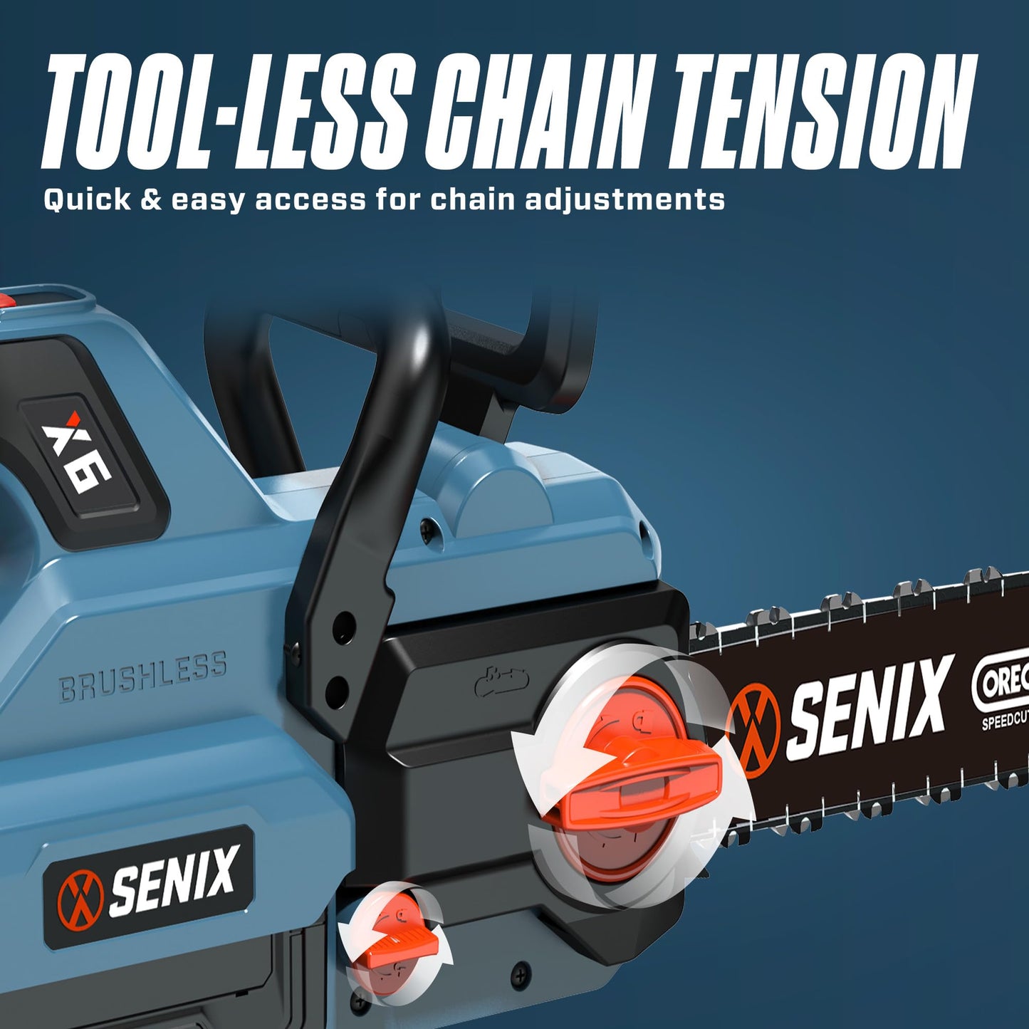 SENIX X6 60 Volt Max* 18-inch Cordless Chainsaw with Brushless Motor and Oregon Bar and Chain for Trees, Limbs, and Firewood, Auto Lubrication, Includes 4Ah Li-Ion Battery and Charger (CSX6-M1)