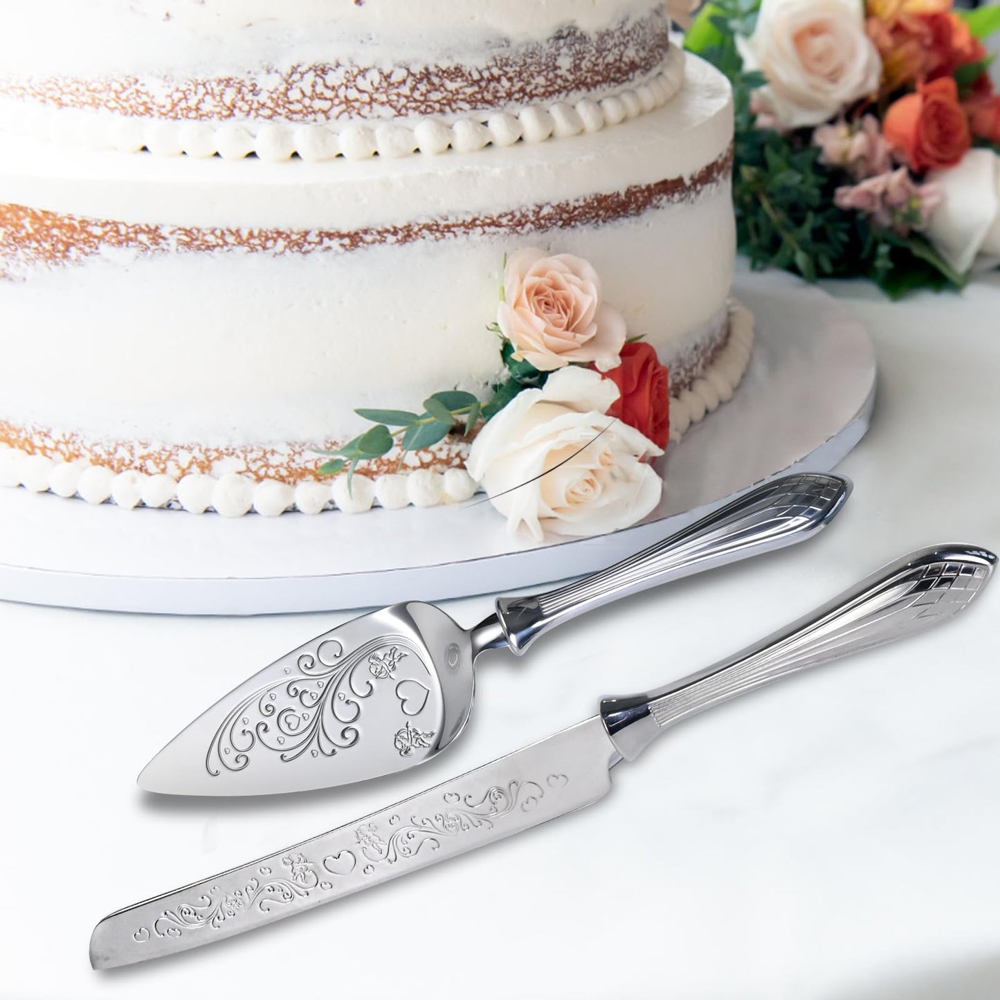 KSENDALO Cake Knife and Server Set - Deluxy SUS304 Stainless Steel Cutter & Server for Weddings, Celebrations, Birthdays & Anniversaries(13.78inch Long), Silver