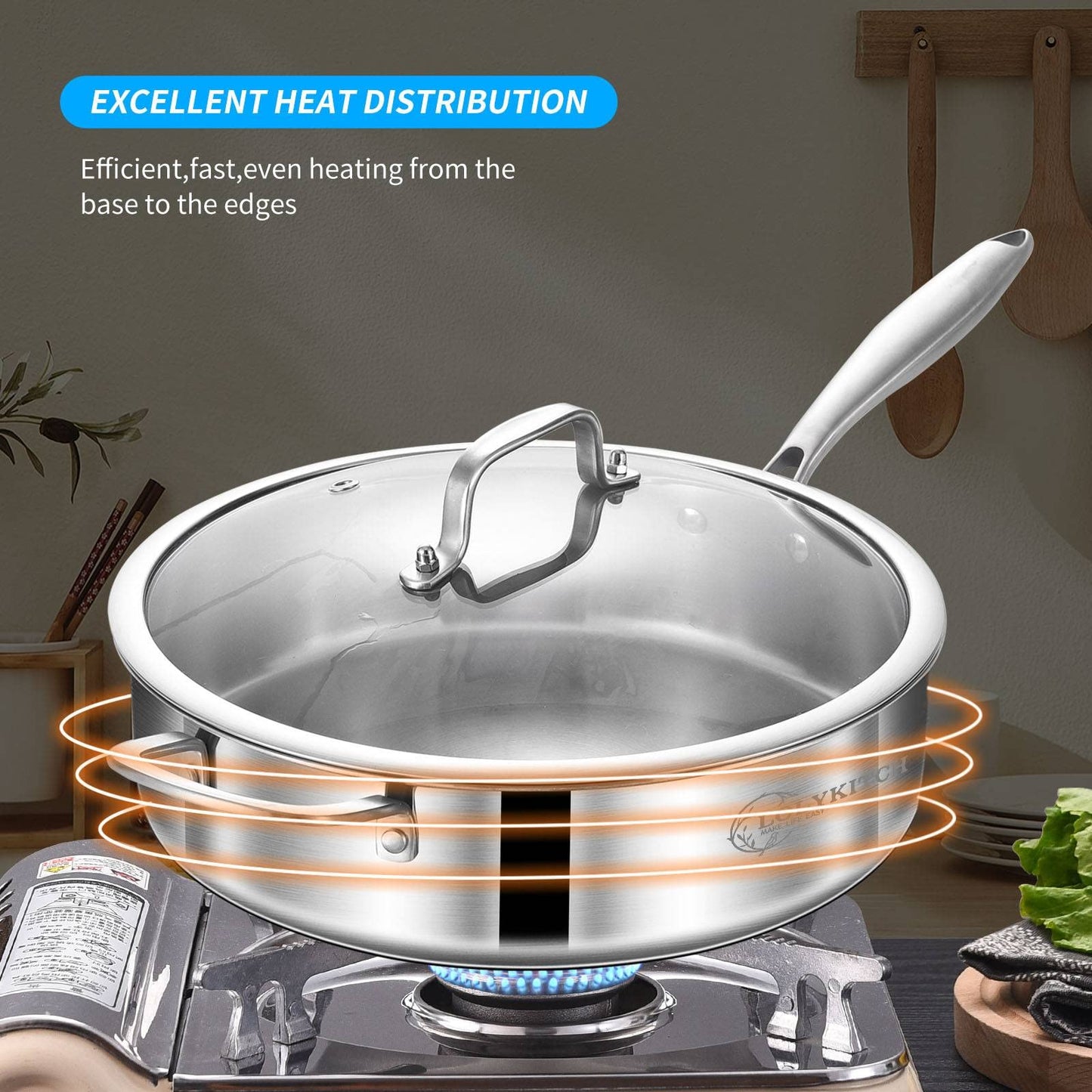 LOLYKITCH Whole Body Tri-Ply Stainless Steel 5.5 QT Saute Pan with lid,12 Inch Deep Frying Pan,Jumbo Cooker,Everyday Pan,Compatible with All Kinds Of Stoves.