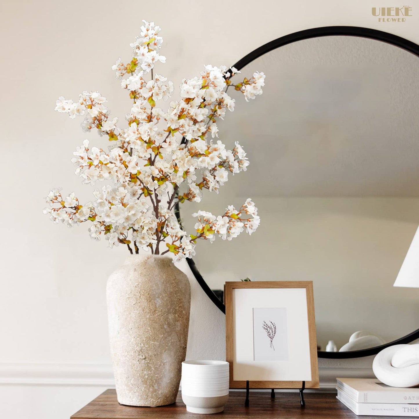 Uieke Silk White Cherry Blossom Branches, 39.3in Artificial Cherry Blossom Stems, Fake Plum Blossom Flowers Arrangement for Wedding Home Decor, Set of 8