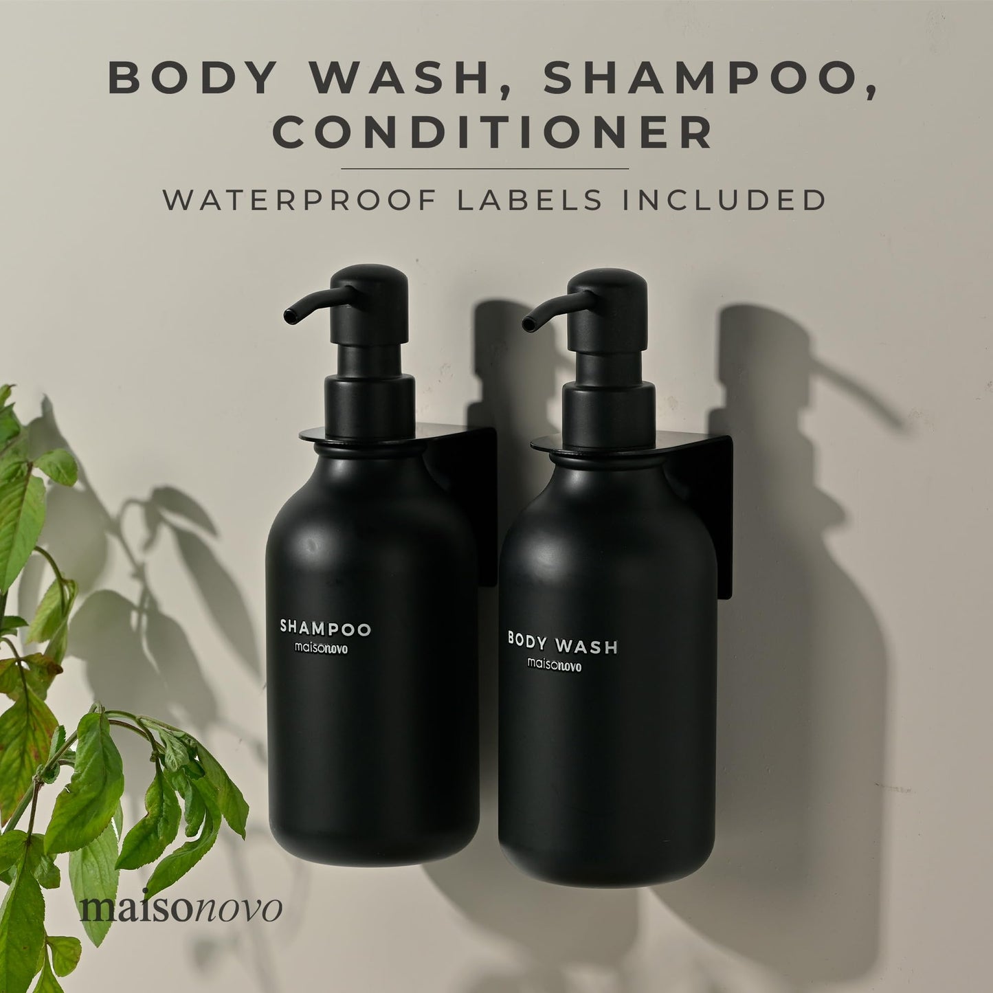 MaisoNovo Shampoo and Conditioner Dispenser - Shower Soap Dispenser Wall Mounted - 16.9 fl oz Set of 3 Black Plastic Bottles Black Pump - Shampoo Dispenser, Shower Dispenser 3 Chamber No Drill