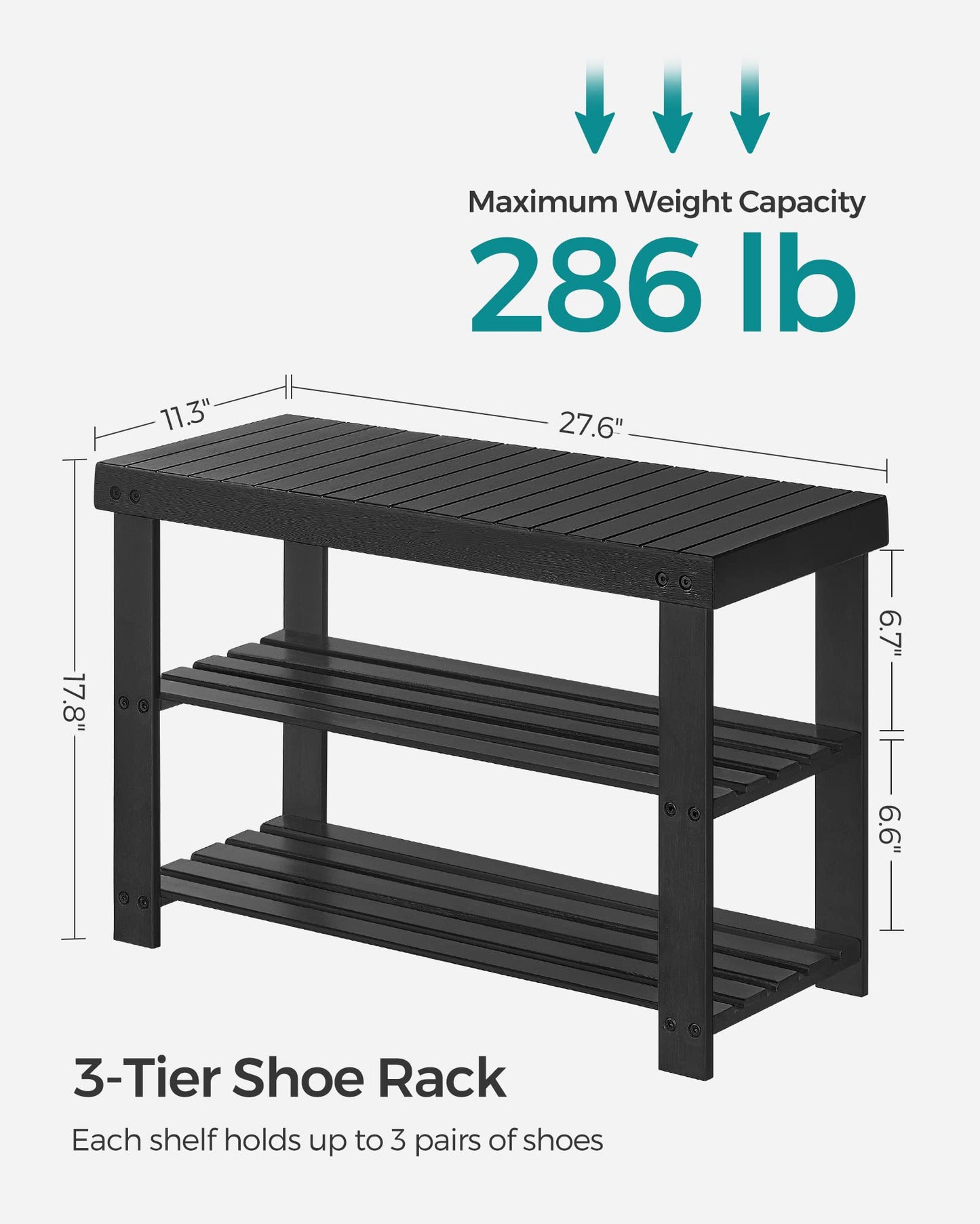 SONGMICS Shoe Rack Bench, 3-Tier Bamboo Shoe Storage Organizer, Entryway Bench, Holds Up to 286 lb, 11.3 x 27.6 x 17.8 Inches, for Entryway Bathroom Bedroom, Black ULBS04H
