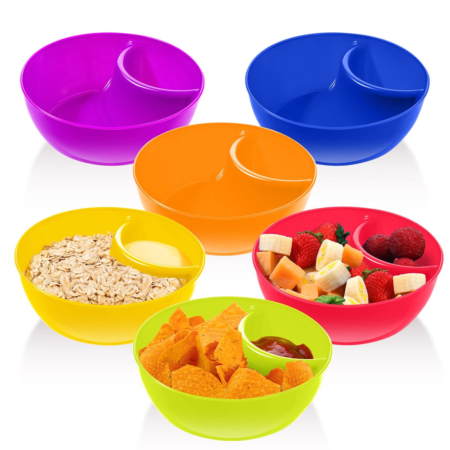 Weewooday Snack and Dip Bowls, Chips Serving Bowls Anti Soggy Divided Bowl plastic Stackable Dish Microwave and Dishwasher Safe Container for Chips, Dips Snacks Salsa Salad Nuts, 6 Colors (6 Pcs)