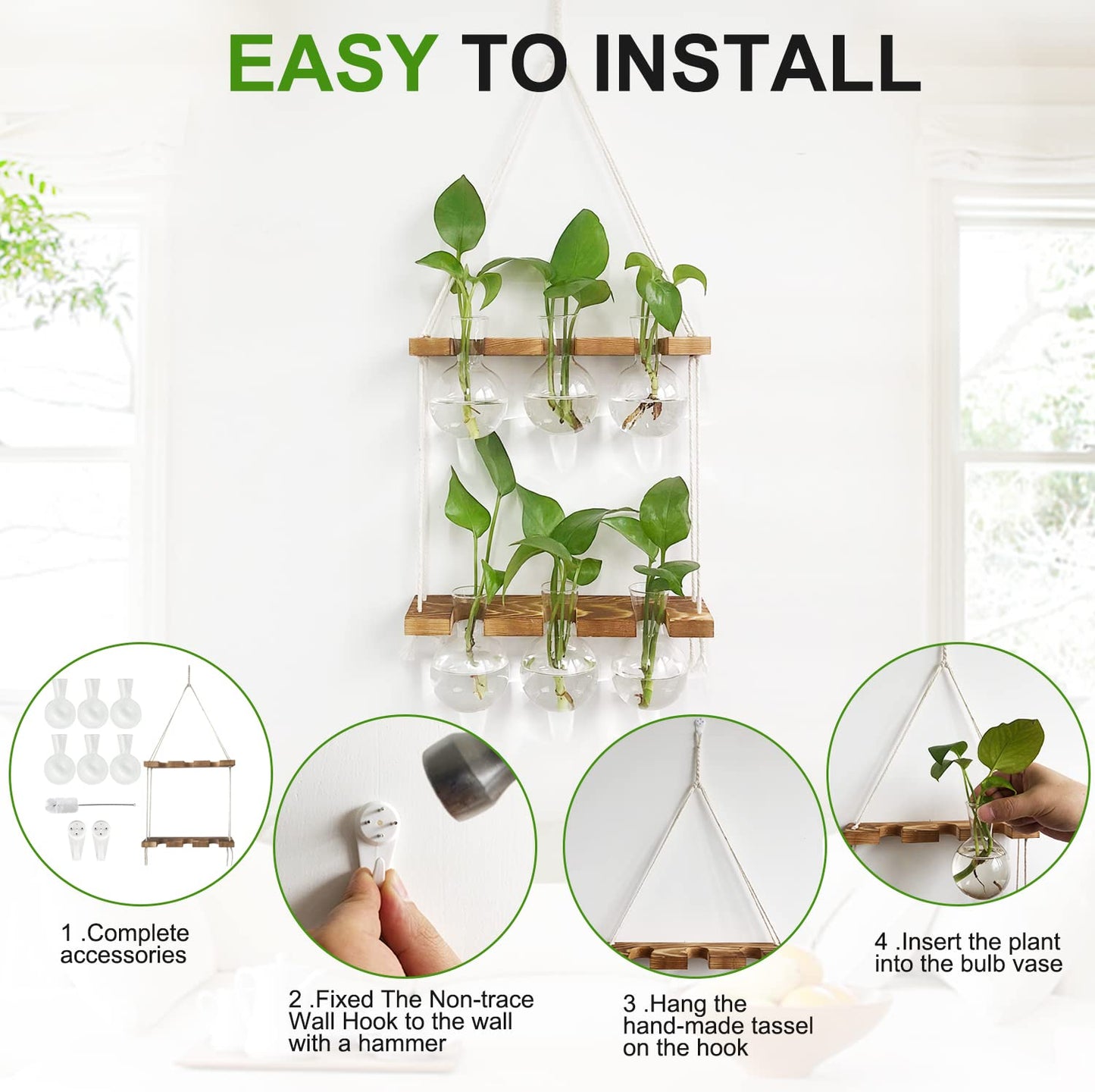 Renmxj Plant Propagation Station Wall Hanging, Plant Terrarium with 2 Tiered Wooden Stand for Hydroponics Plants, Unique Gardening for Women Mom Plant Lovers - 6 Bulb Glass Vases
