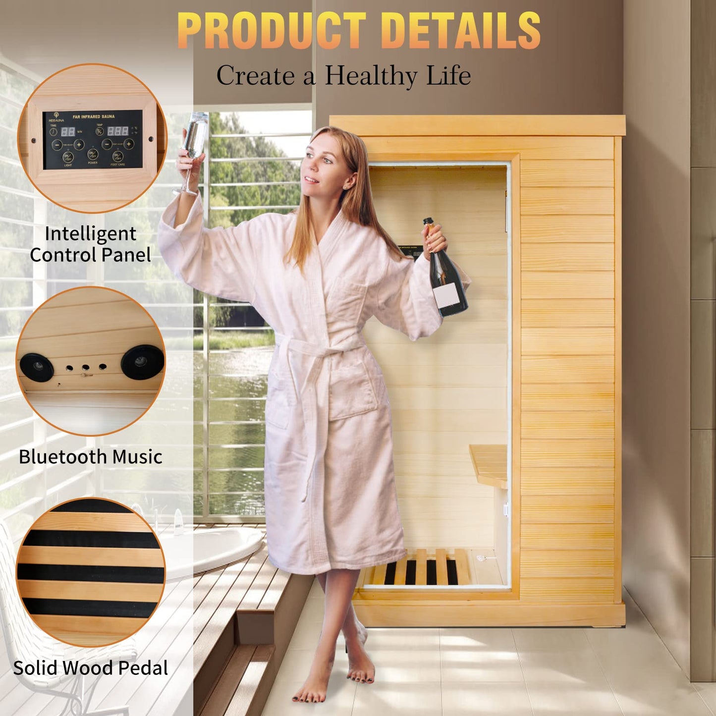 OUTEXER Far Infrared Sauna Home Sauna Spa Room Canadian Hemlock Wood 800W Indoor Saunas with Control Panel and Tempered Glass Door, Room:35.2 * 27.6 * 61.6Inch