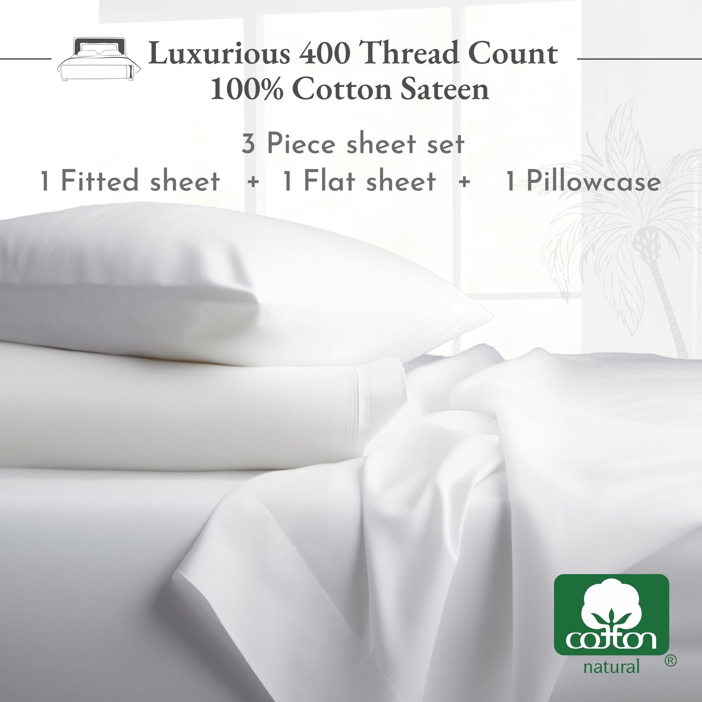 California Design Den Twin Sheets Set, Natural 100% Cotton Sheets, Soft Luxury 400 Thread Count Sateen Cooling Sheets, 3 Pc Dorm Rooms & Adults, Twin Bed Sheets (Bright White Sheets)