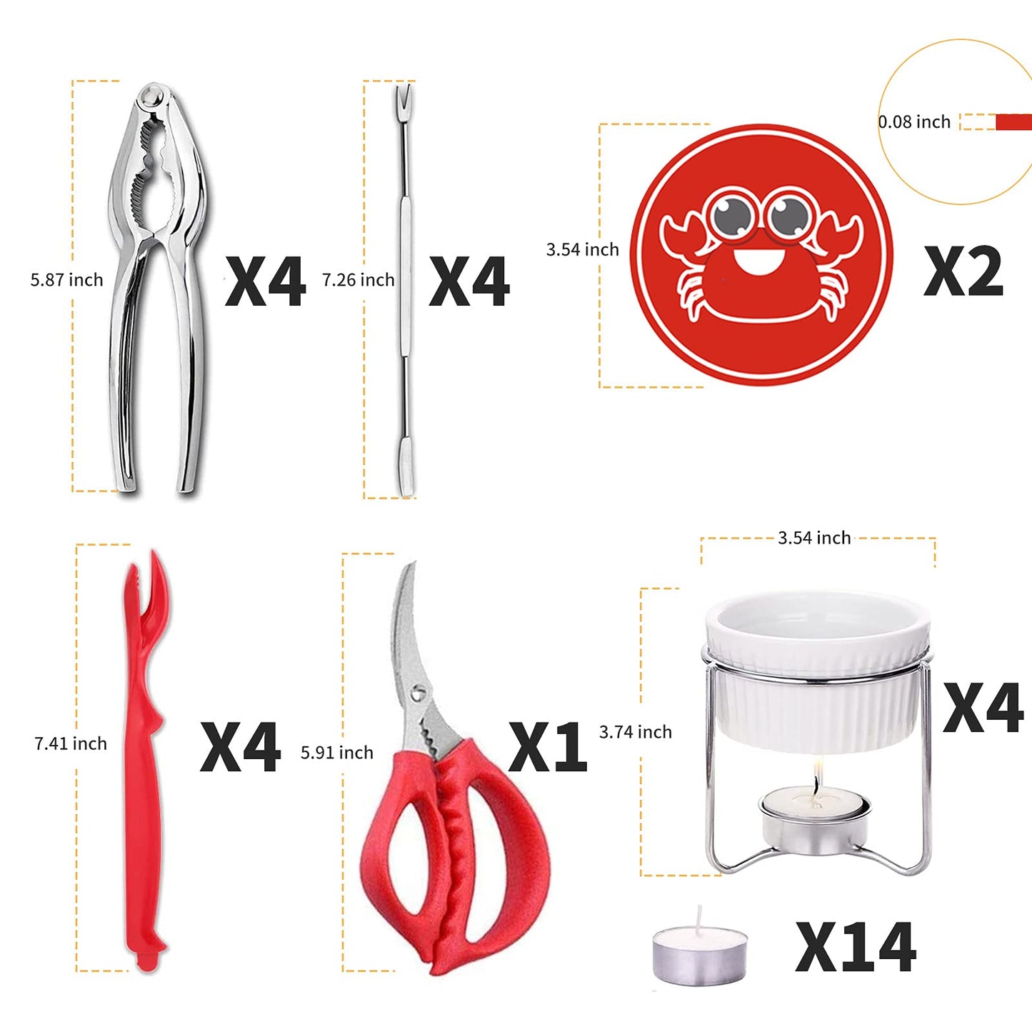 Luvan 33 Pcs Crab Crackers and Tools Set with 4 Crab Leg Crackers, 4 Crab Forks, 4 Lobster Shellers, 4 Butter Warmers, 1 Seafood Scissors, 14 Tealight Candles and 2 Crab Grabbers - Seafood Tools Set