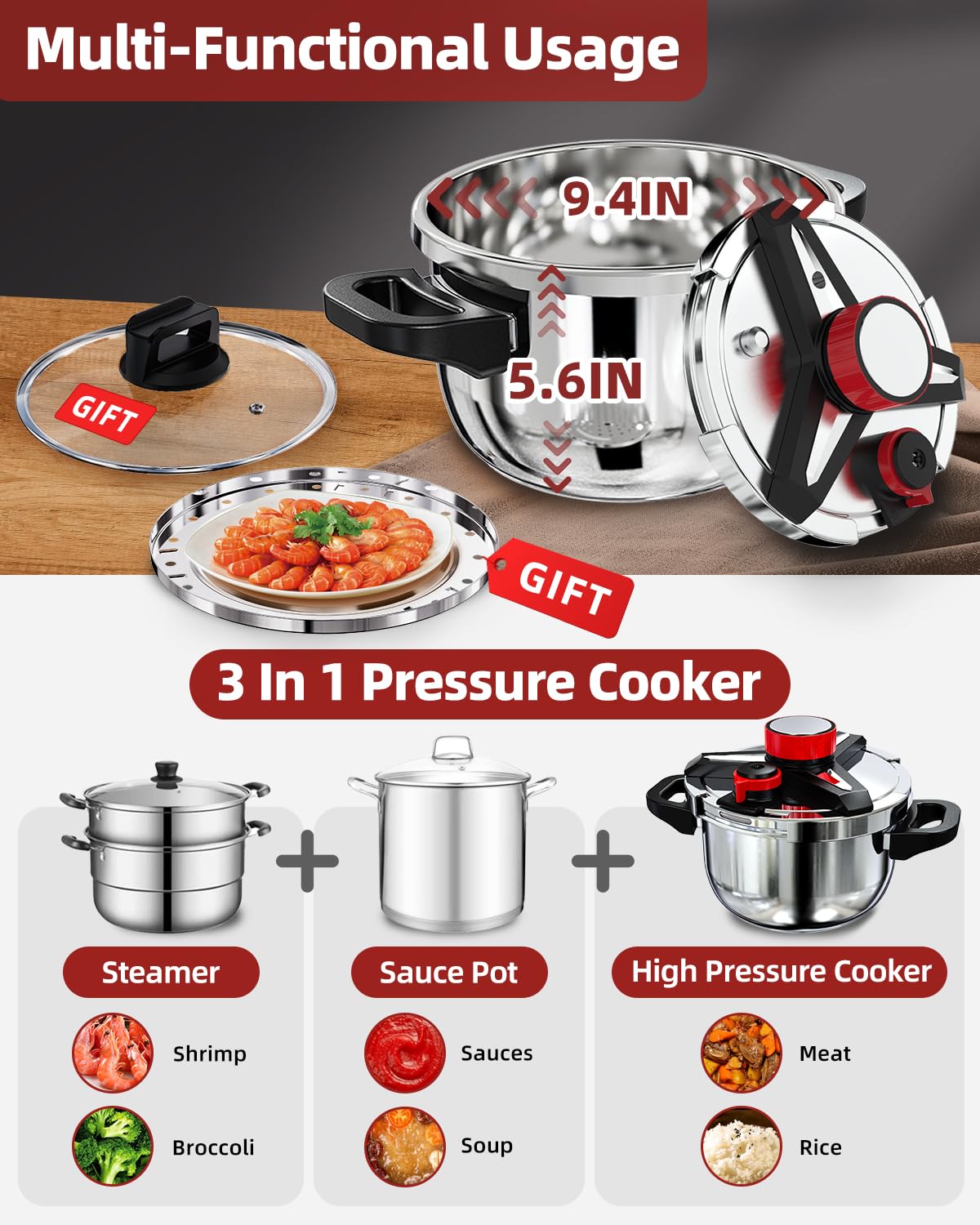 3-In-1 304 Stainless Steel Pressure Cooker 6 QT: [Explosion-Proof] [3 PSI Settings], One-Hand Locking, Induction Compatible, Glass Lid & Steamer Rack Included, Olla de Presion