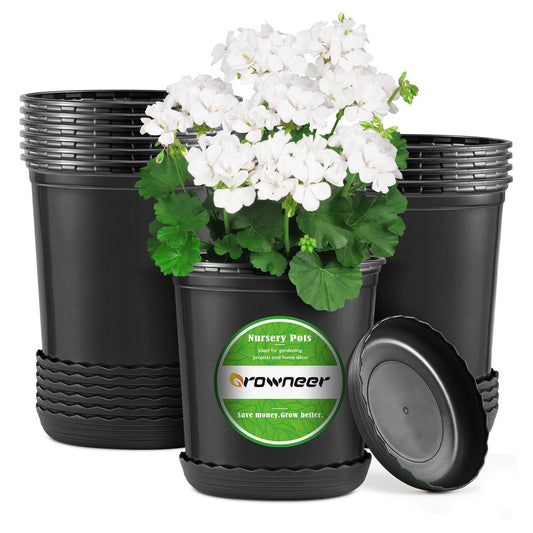 GROWNEER 12 Set 6‘’ 1 Gallon for Plants Flexible Nursery Pot Flower Pots with Drainage Hole and Saucer, Plant Container for Indoor Outdoor, Seedlings, Vegetables, Succulents, Cuttings(Black)