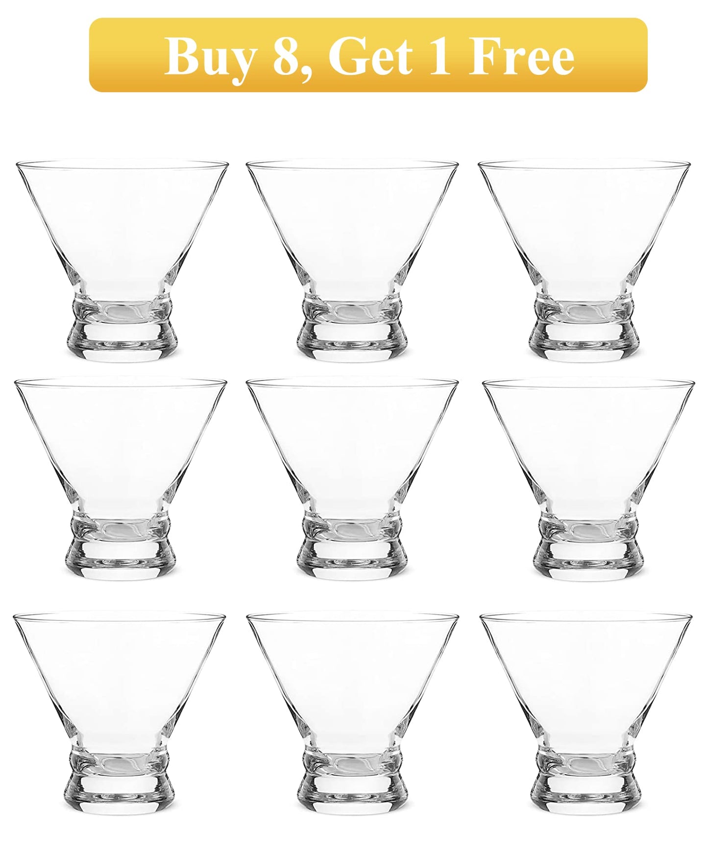 Mfacoy Martini Glasses Set of 9(Buy 8, get 1 Free), Crystal Cocktail Glasses 8 Ounces, Hand Blown Stemless Martini Glasses for Bar, Martini, Cosmopolitan, Manhattan, Gimlet, Pisco Sour Brandy