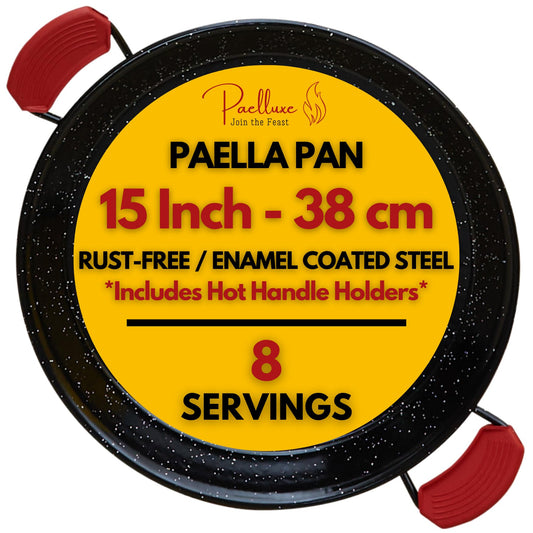 15 Inch Paella Pan 8 Servings - Enamelled No Rust Easy to Clean Steel Pan Propane - Gas Burners for Cooking - Indoor & Outdoor Cooking Skillet - Cacerola Paellera Sarten