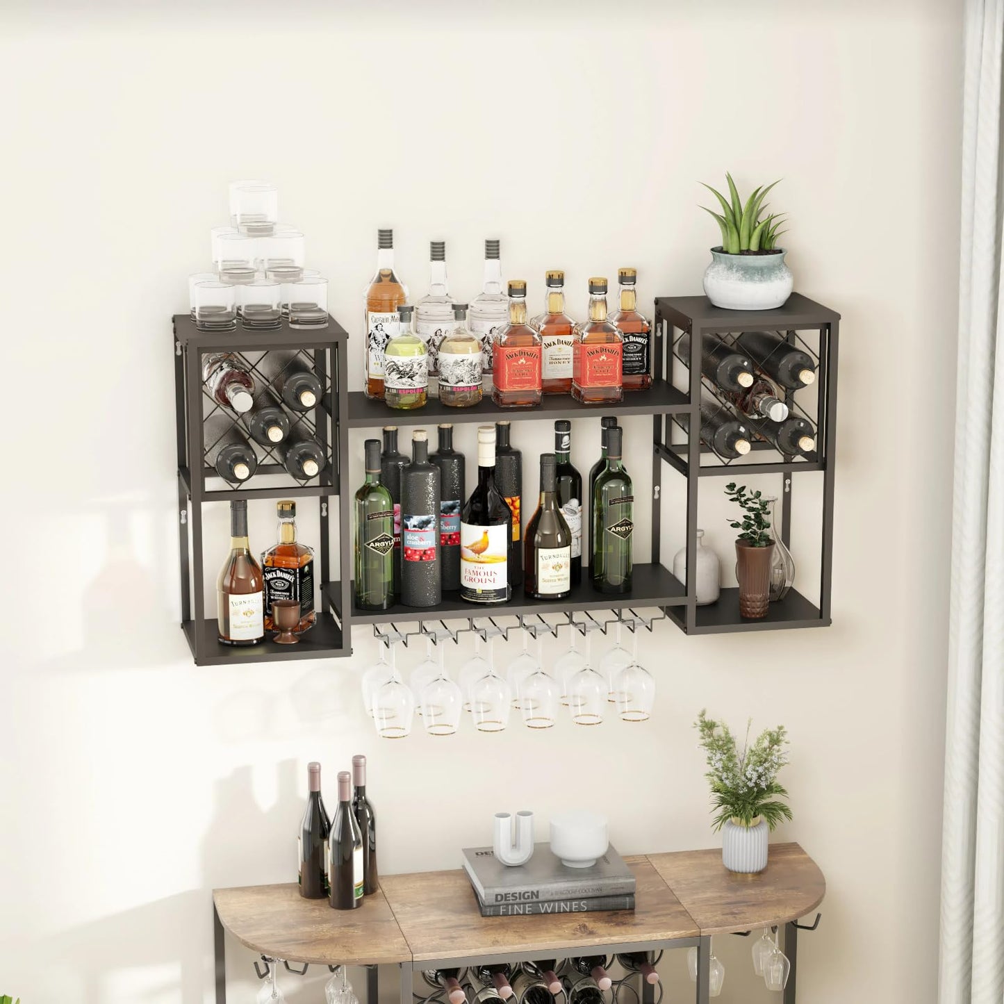 HEONITURE Wall Mounted Wine Rack, Multi Functional Bar Shelves for Liquor Bottles with Glass Holder, Modern Metal Bar Shelves Wall Mounted for Home Bar, Kitchen & Dining Room