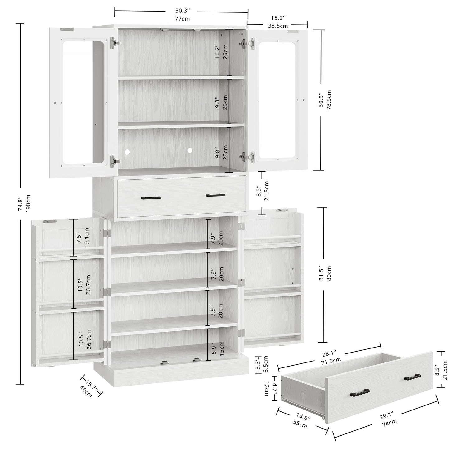 IRONCK 74.8" Tall Kitchen Pantry, Storage Cabinet with LED Lights, Kitchen Cabinet with Acrylic Glass Door, Drawer and Adjustable Shelves, for Kitchen, Dining Room, White