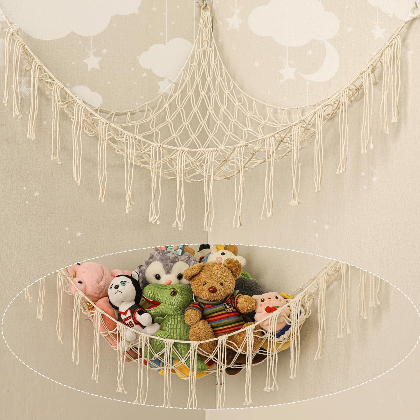 YELIENM Boho Stuffed Animals Net or Hammock Large,55 inch Toy Hammock Macrame Stuff Animal Storage Corner Hanging Net Holder,Mesh Hammock Plush Toy Organizer with Hooks for Bedroom,Nursery (White)