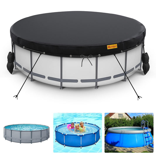 HIGHTQURO 18Ft Round Pool Cover, Inground Pool Covers for Above Ground Pools, Swimming Pool Cover Protector with Tie-Down Ropes & 4 Sandbags Increase Stability, Waterproof Dustproof Hot Tub Cover