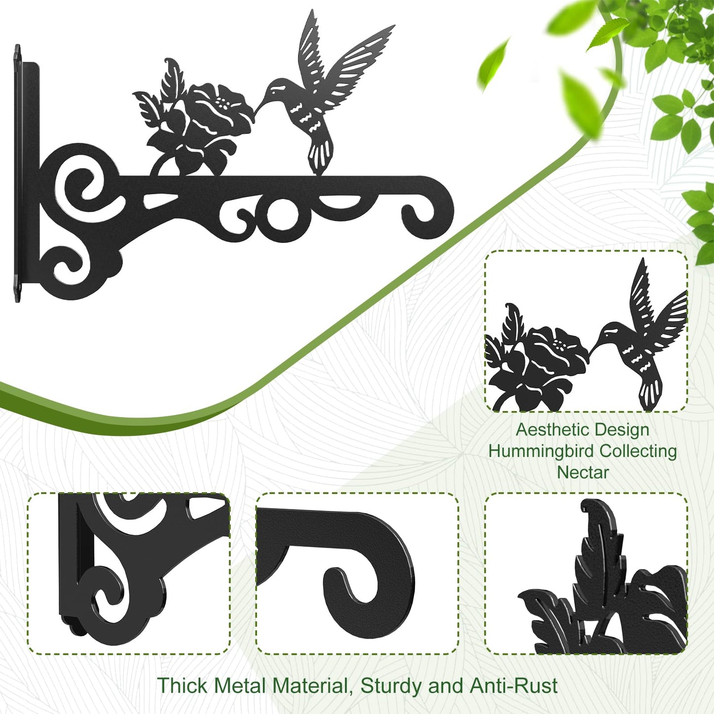 2-Pack Aesthetic Wall Plant Hanger Indoor and Outdoor – 10 Inch Metal Hanging Plant Bracket with Beautiful Bird Pattern – Anti Rust Plant Hooks for Hanging Plants, Bird Feeder, Wind Chime, Lantern