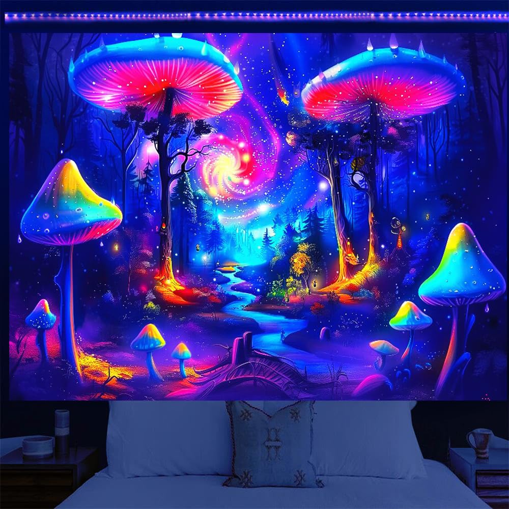 BJYHIYH Extra Large Blacklight Tapestry Wall Hanging Galaxy Mushroom Tapestries Fantasy Forest Tapestry for Bedroom Living Room Decor(90"×70")