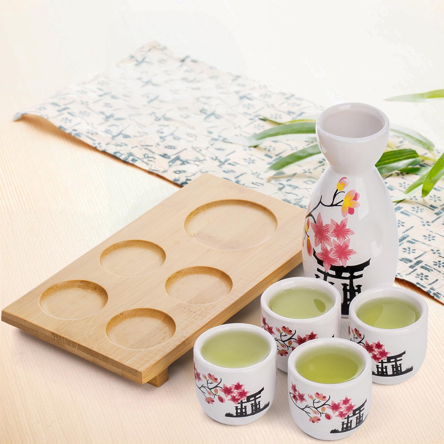 Tosnail Ceramic Japanese Sake Set, 1 Serving Carafe, 4 Sake Cups and 1 Bamboo Tray - Pink Blossom