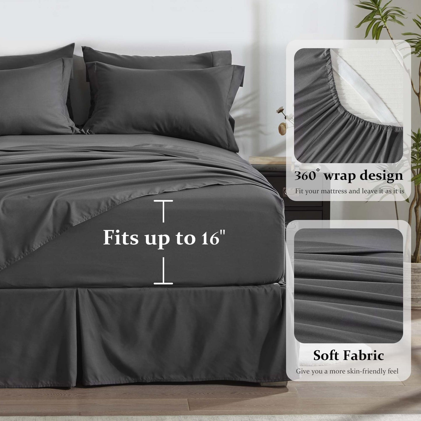 Newspin King Bed in a Bag 8 Pieces Comforter Set, Dark Grey All Season Bed Set, King Bedding Sets with Comforter and Sheets, Pillow Shams, Flat Sheet, Fitted Sheet, Pillowcases and Bed Skirt